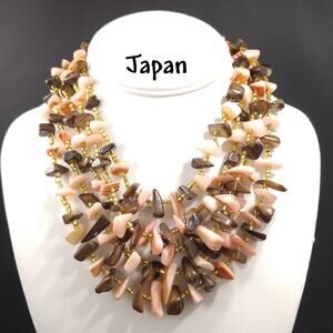 Vintage Japan 5 Strand Shell Glass Beads Necklace, 1950s, 17"